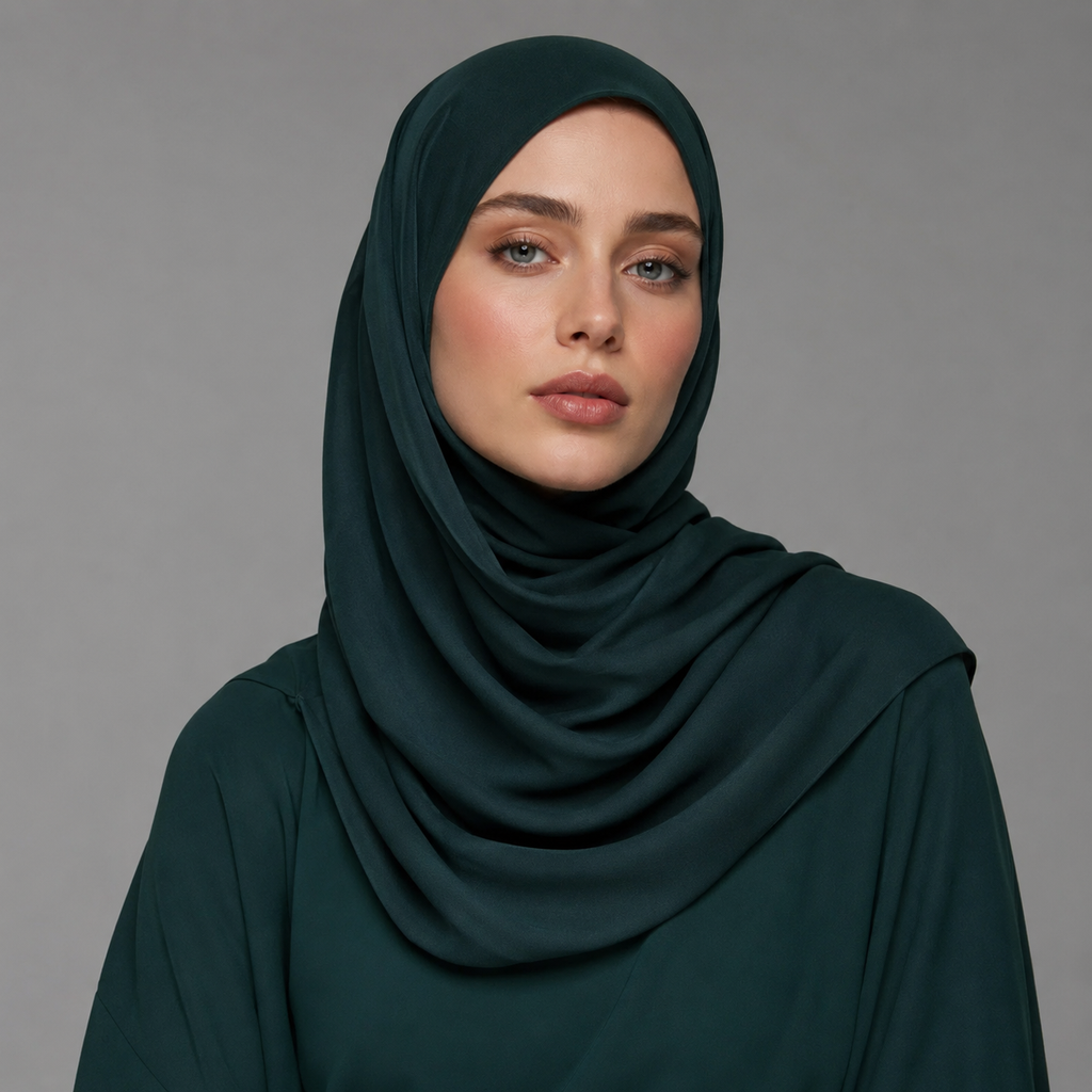 Woman wearing a dark green hijab against a gray background