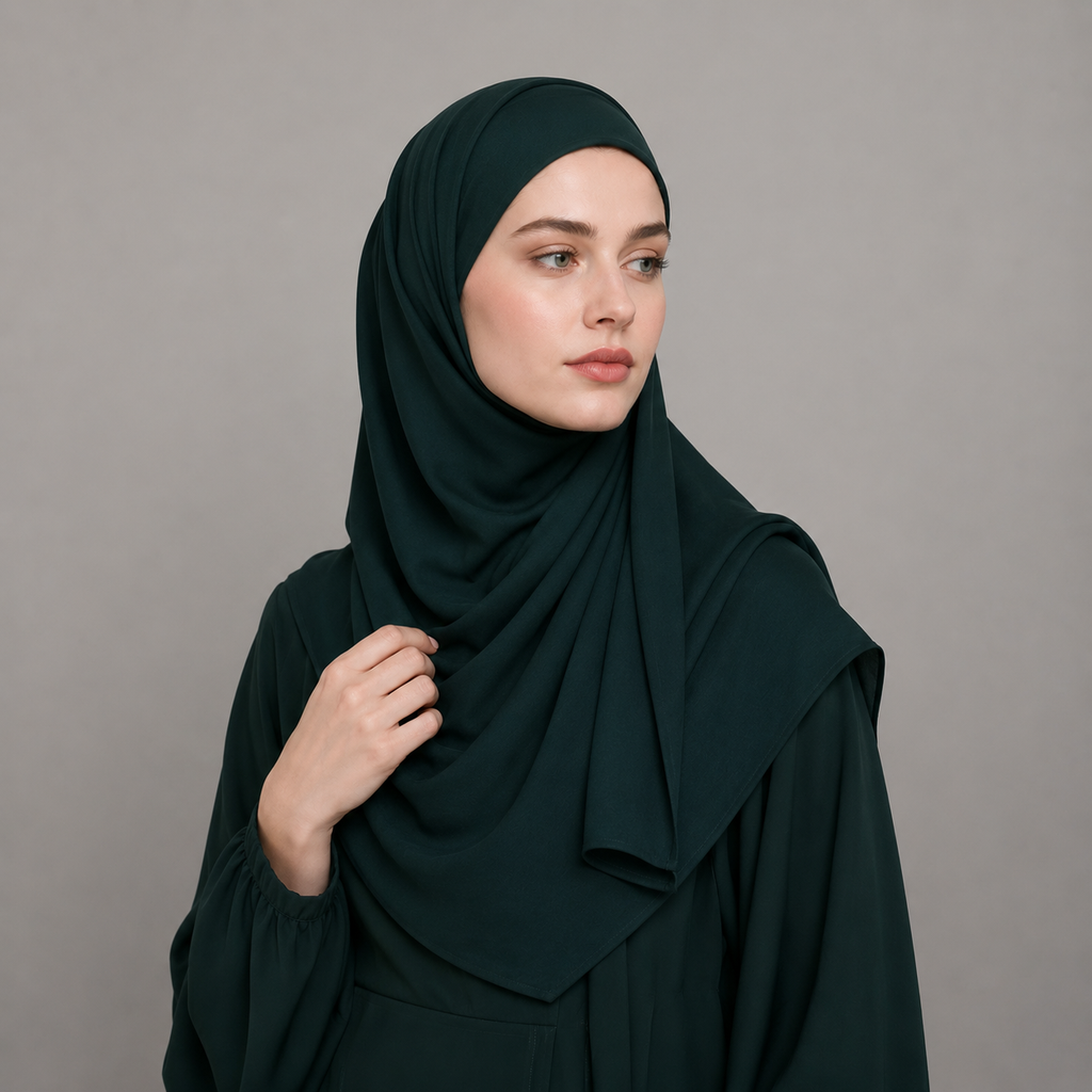 Woman wearing a dark green hijab against a gray background