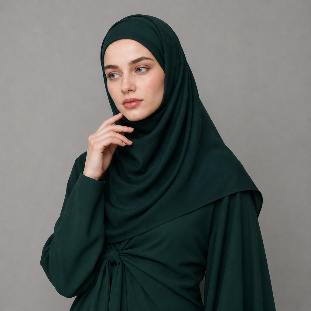 Woman wearing a dark green hijab against a gray background