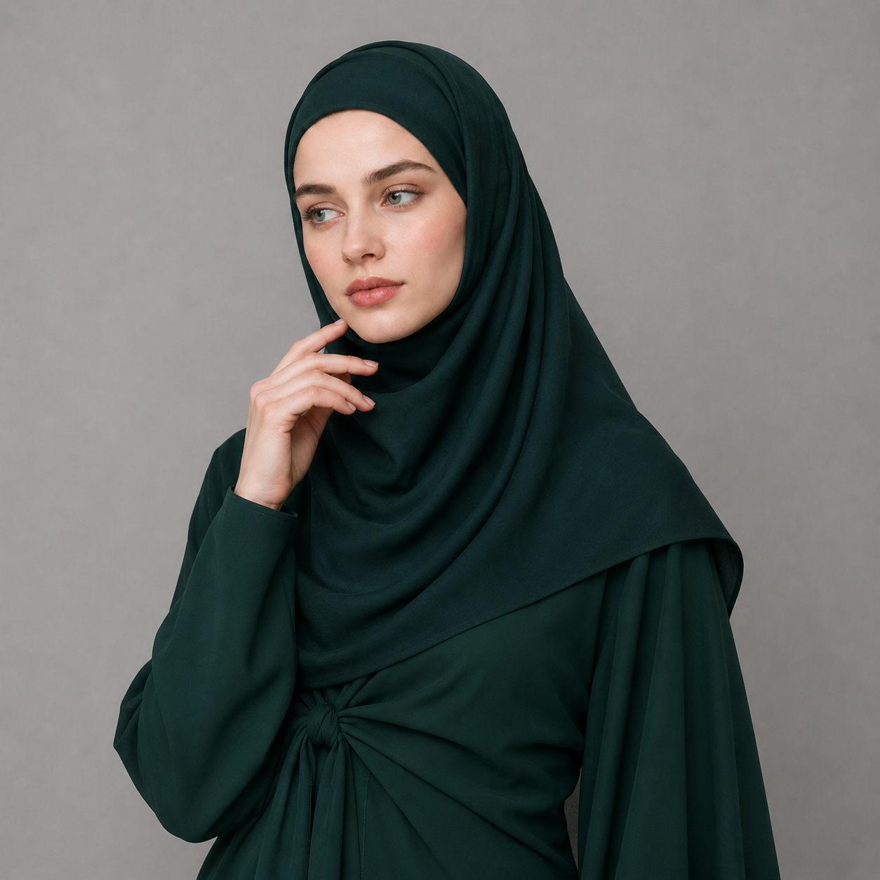 Woman wearing a dark green hijab against a gray background