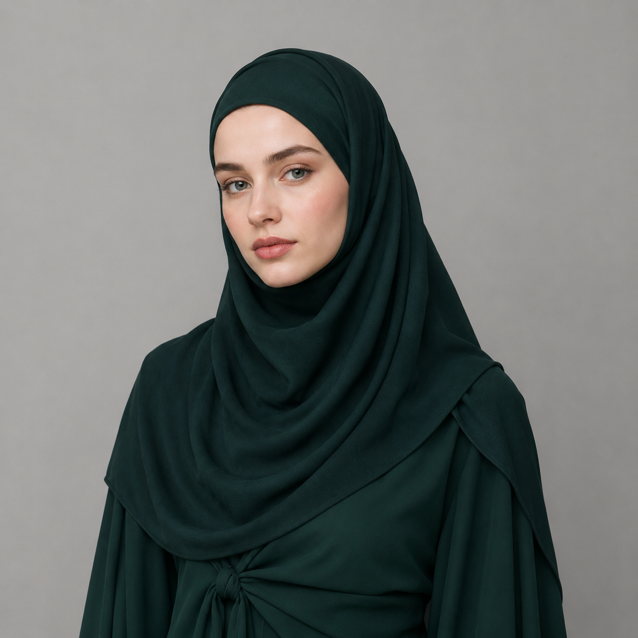Woman wearing a dark green hijab against a gray background