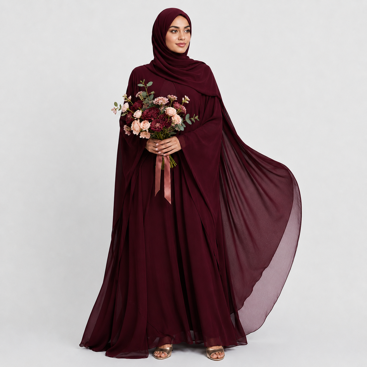 Closed Butterfly Cut Overlay Abaya – Burgundy