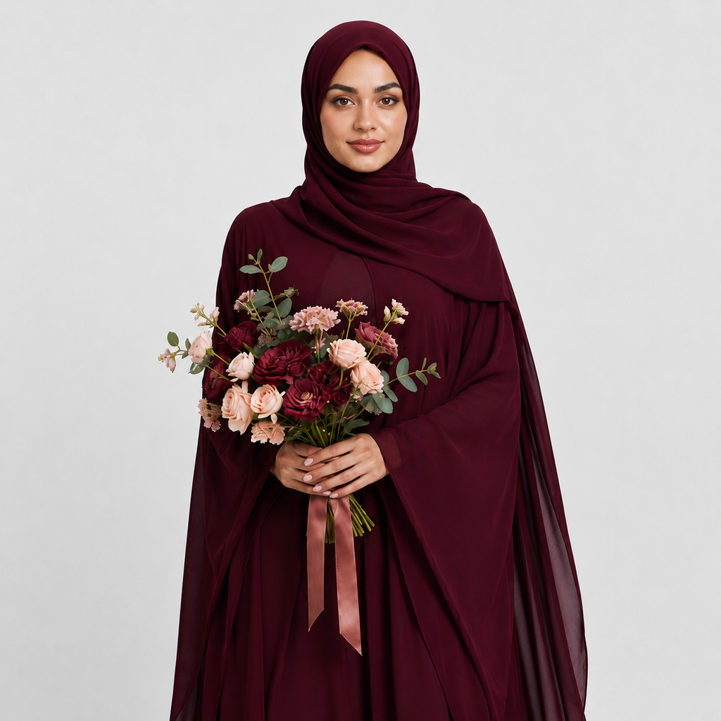 Closed Butterfly Cut Overlay Abaya – Burgundy
