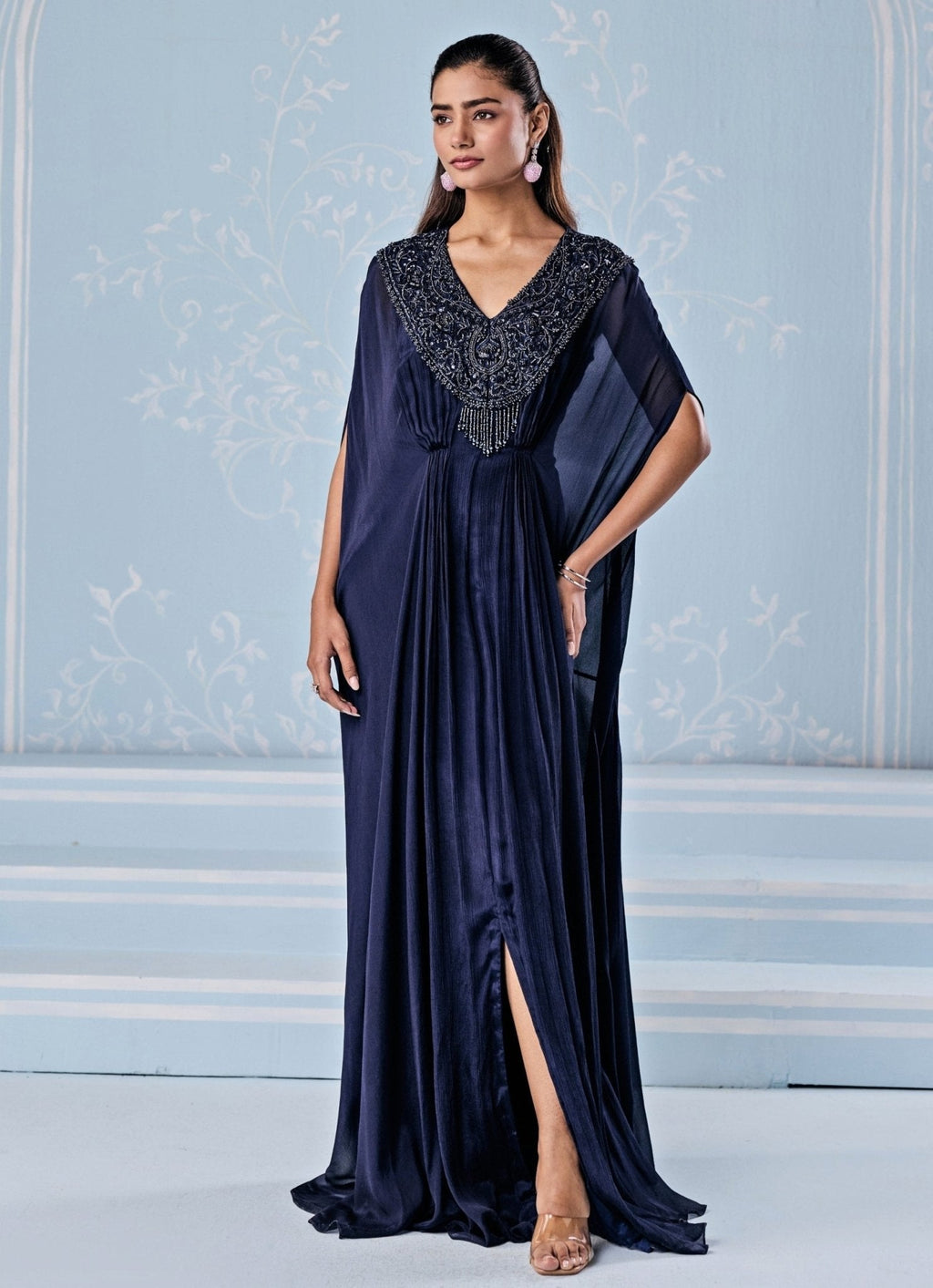 Deep Blue Kaftan with Side Slit and Embellishment