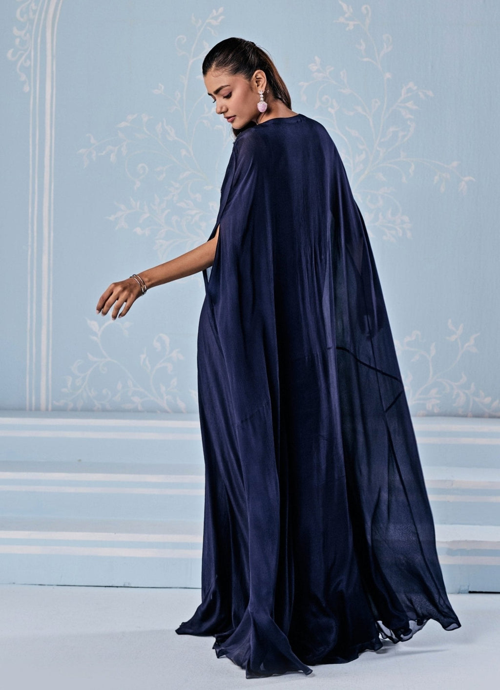 Deep Blue Kaftan with Side Slit and Embellishment