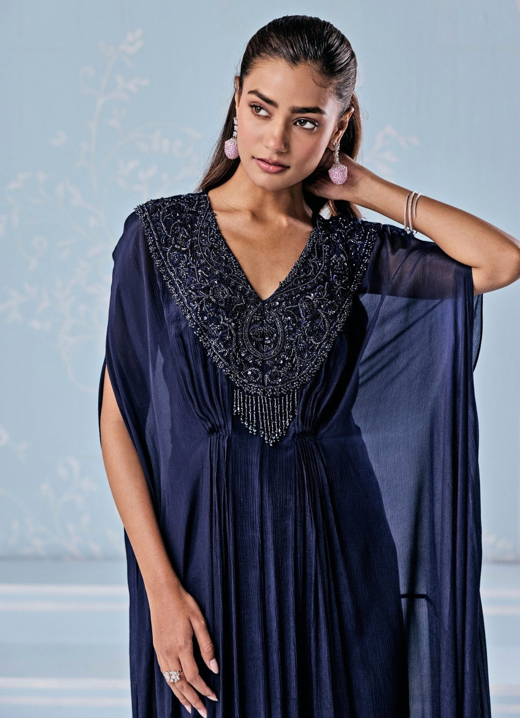 Deep Blue Kaftan with Side Slit and Embellishment