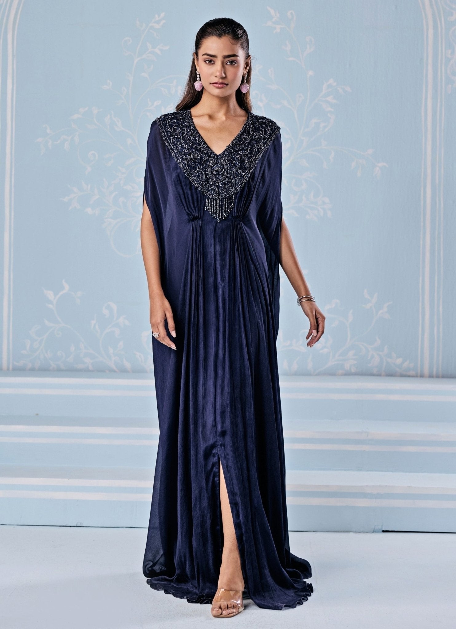 Deep Blue Kaftan with Side Slit and Embellishment