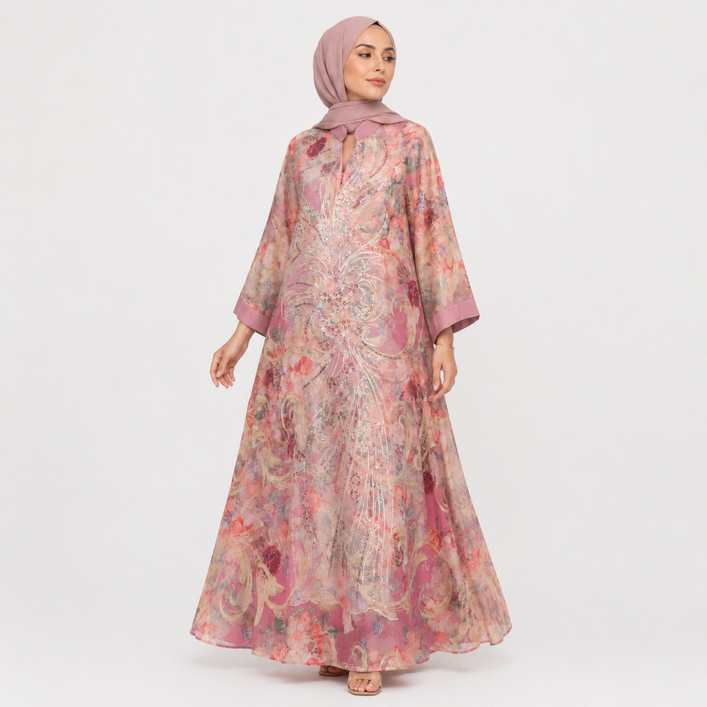 Woman wearing a floral dress and hijab on a white background