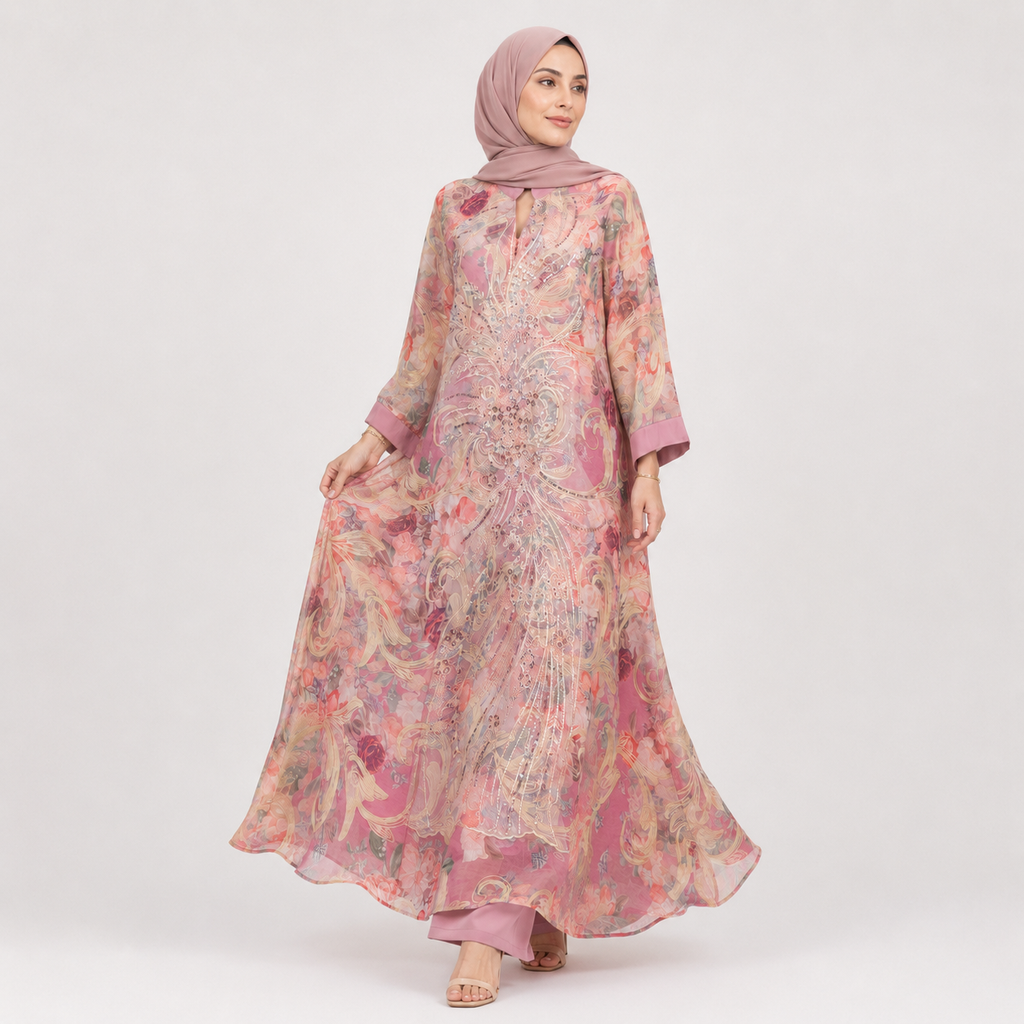 Woman wearing a floral dress and hijab on a white background