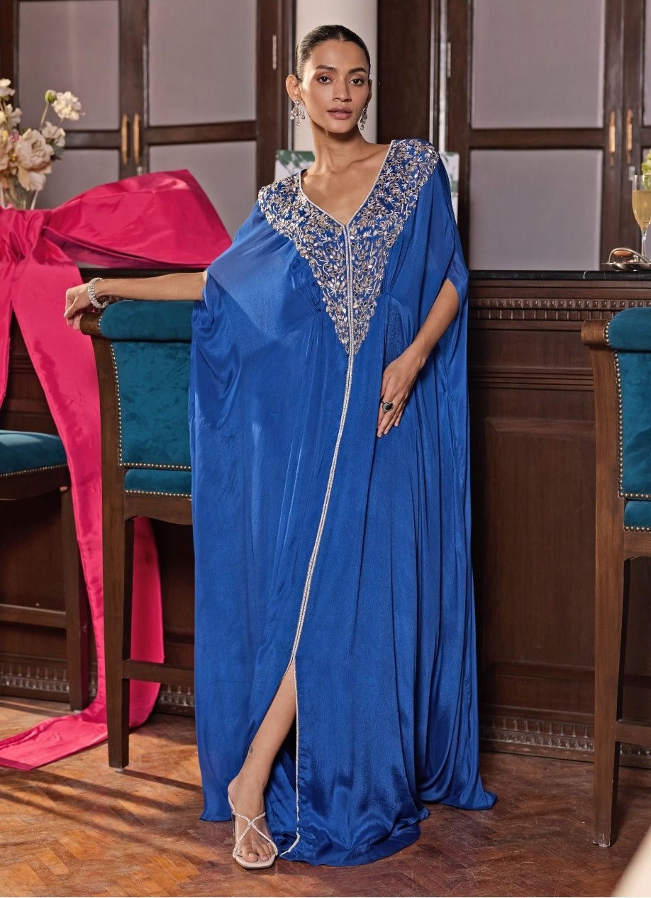 Blue Chiffon Kaftan with Delicate Hand Embroidery
