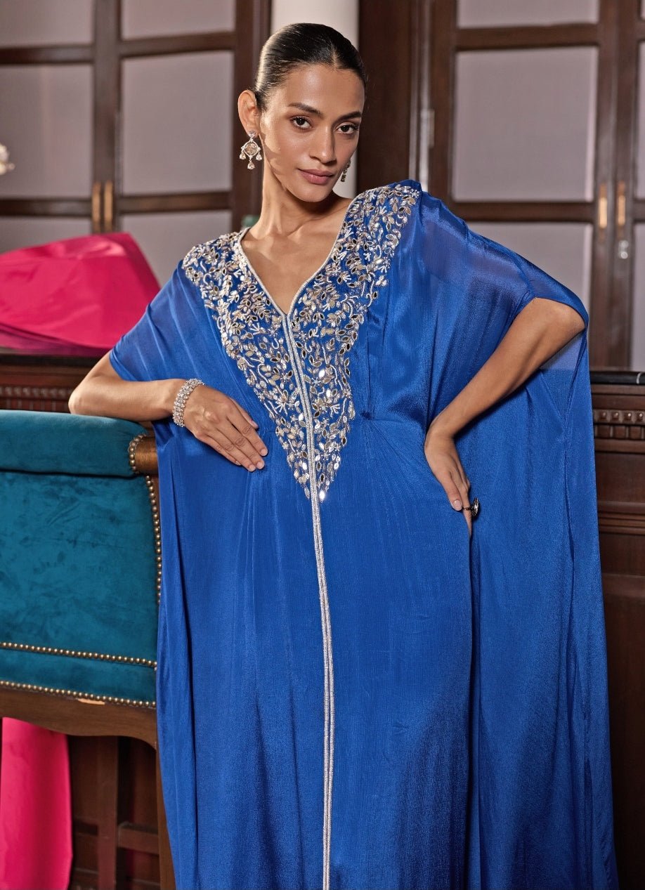 Blue Chiffon Kaftan with Delicate Hand Embroidery