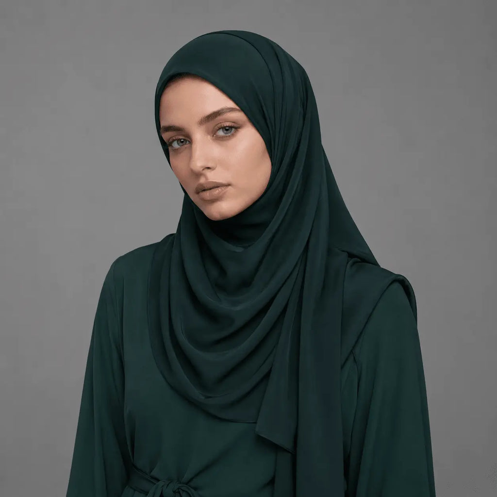 Woman wearing a dark green hijab against a gray background