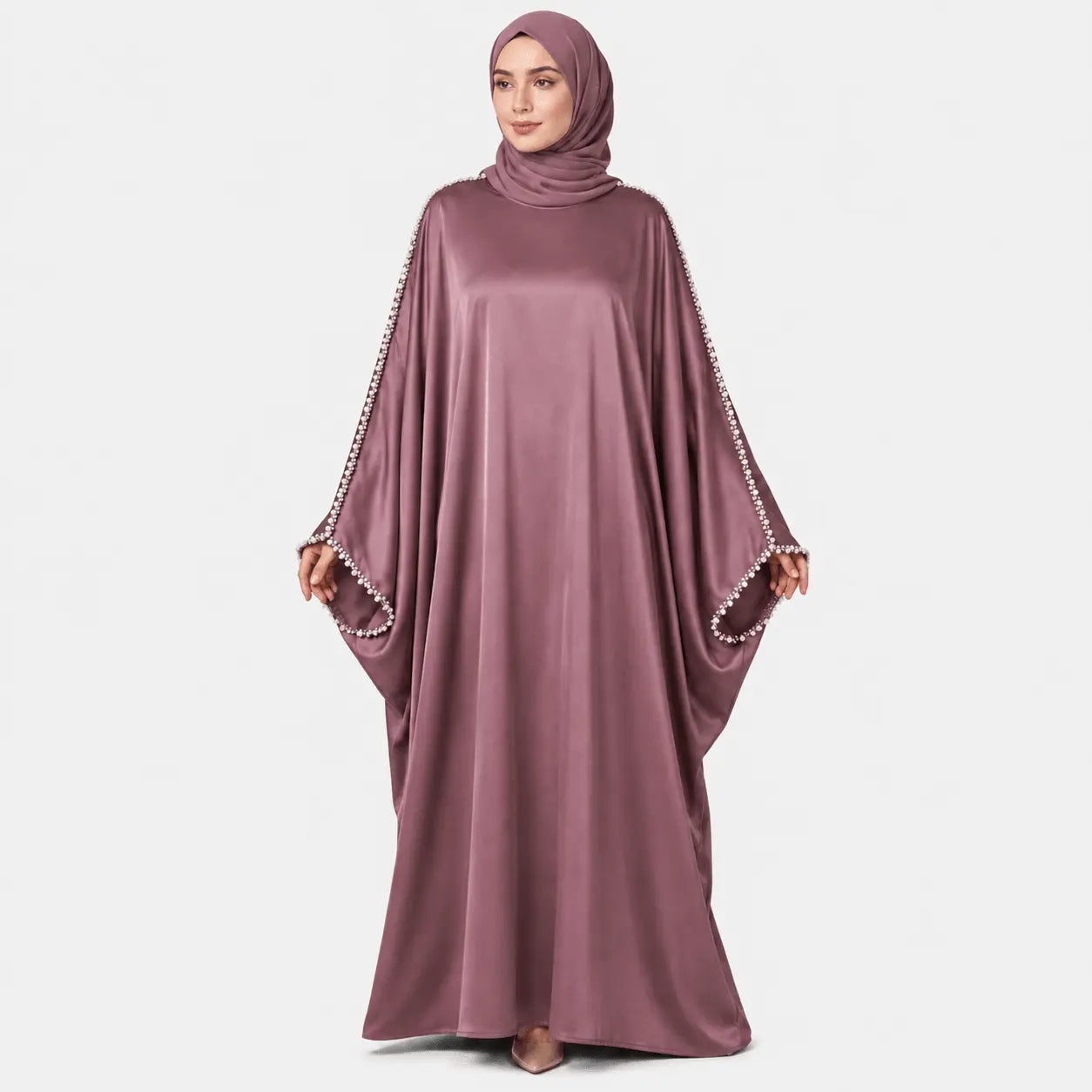 Mauve abaya with embellished sleeves on a white background