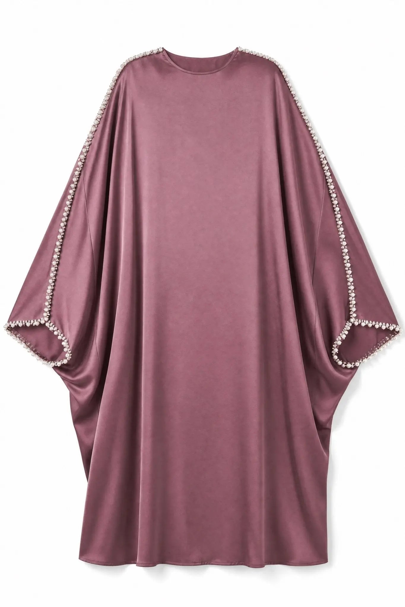 Mauve dress with pearl embellishments on a white background