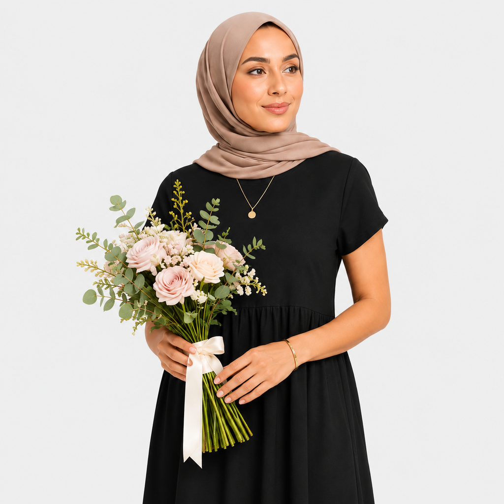 Woman in a black dress holding a bouquet of flowers on a white background