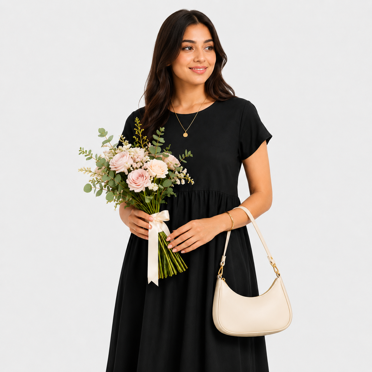 Woman in a black dress holding a bouquet of flowers and a white handbag on a light gray background