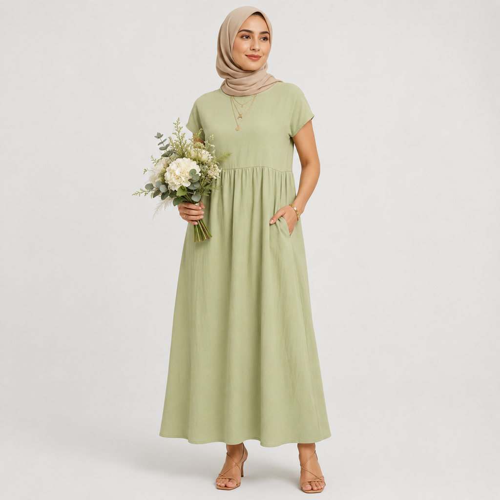 Woman wearing a light green dress holding flowers on a white background