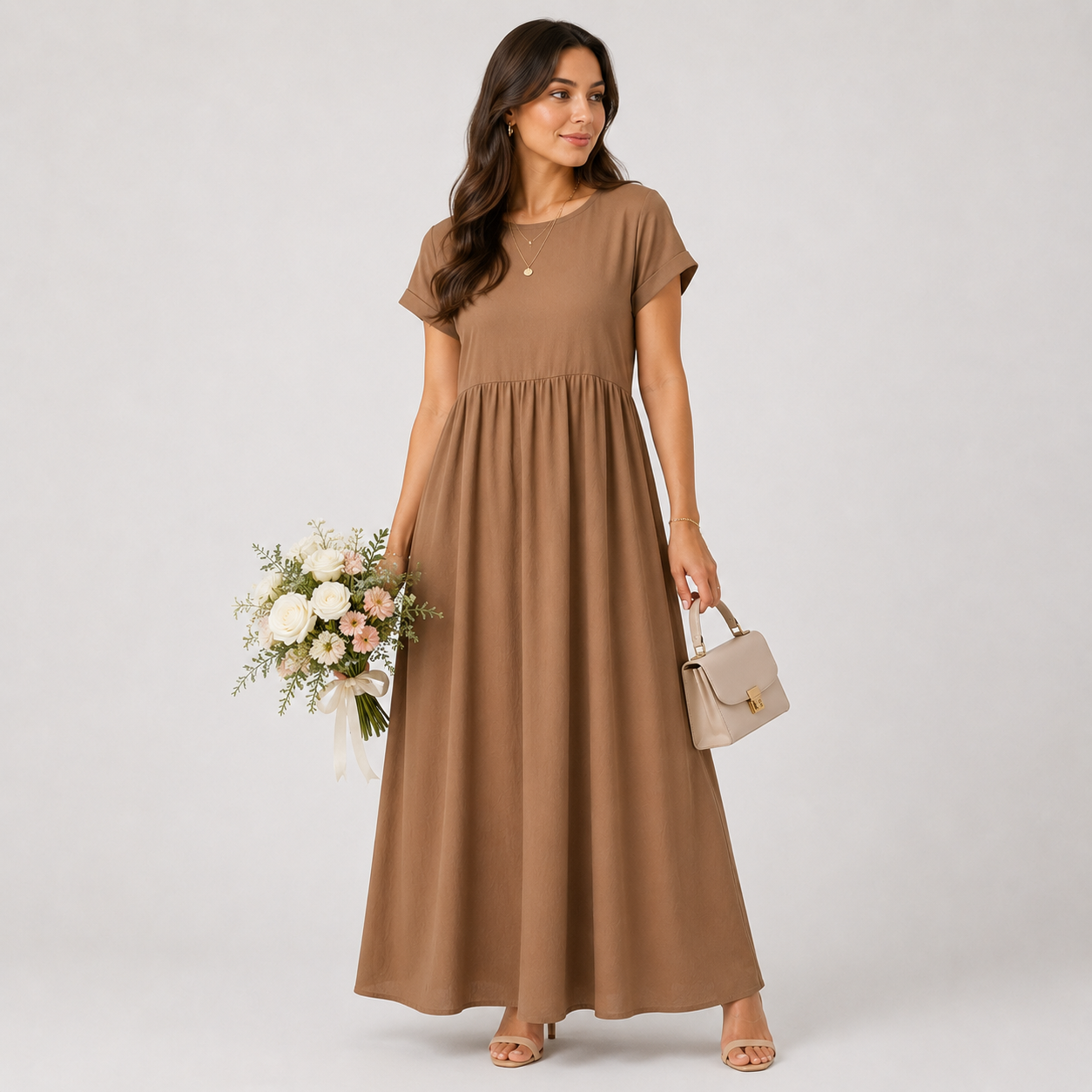 Woman wearing a brown dress holding flowers and a handbag on a white background