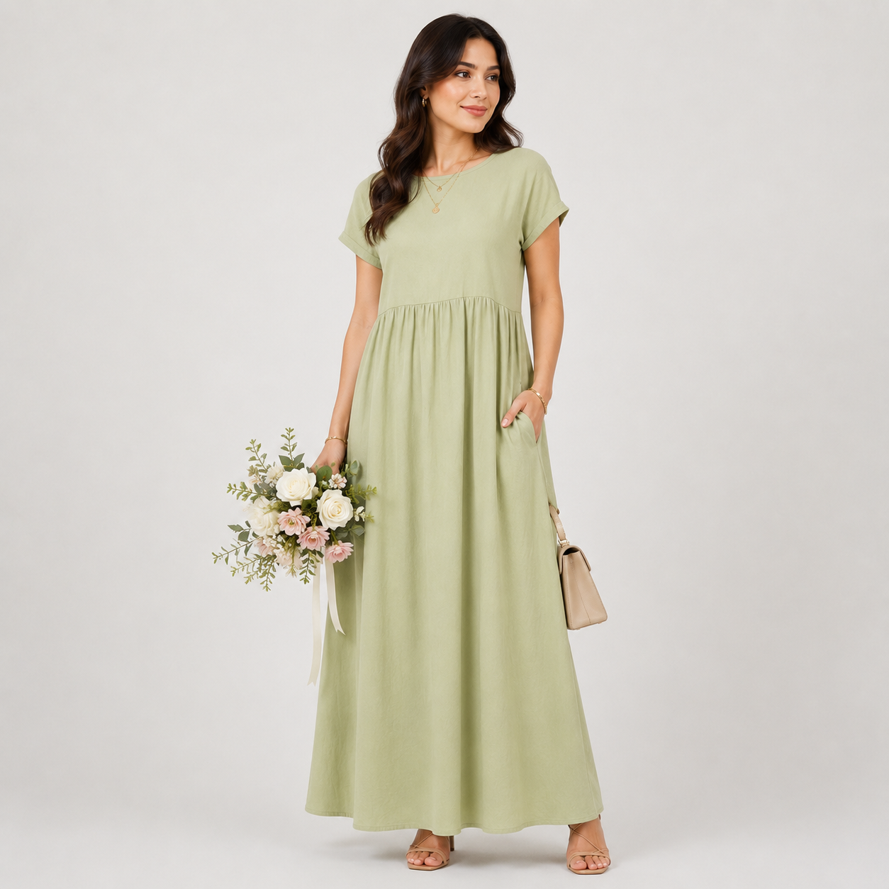 Woman wearing a light green dress holding flowers against a white background