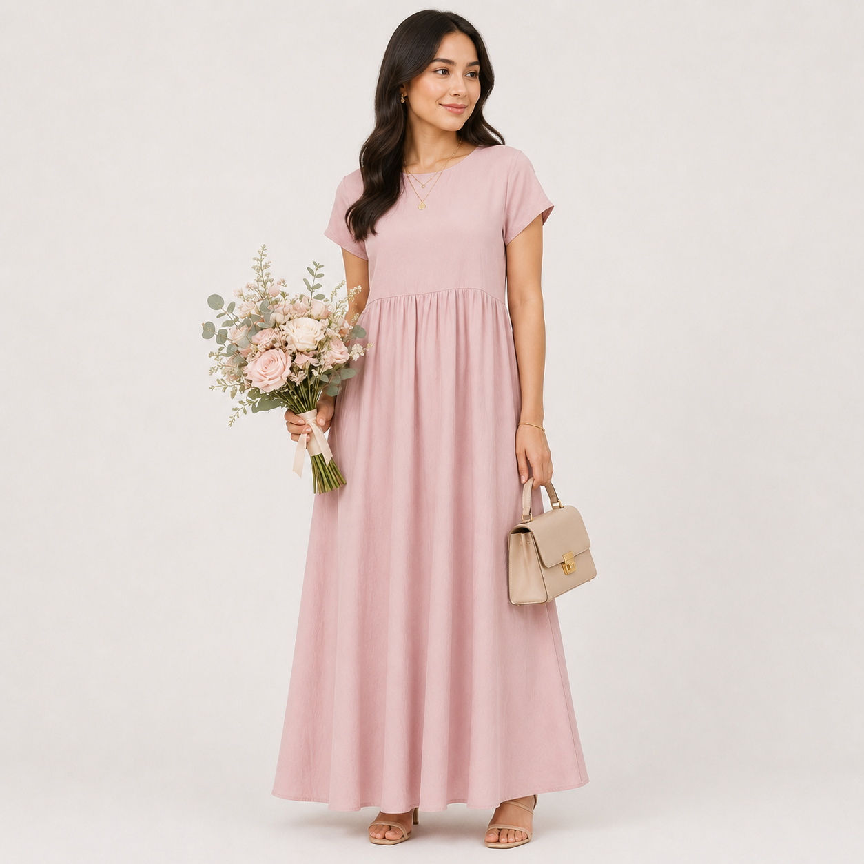 Woman in a pink dress holding flowers and a handbag on a white background