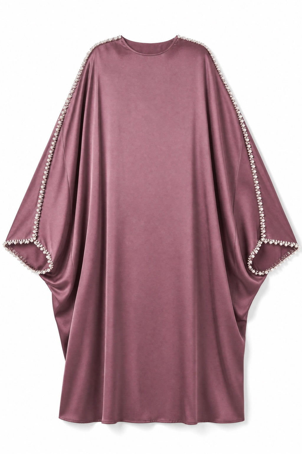 Elegant Plum Satin Abaya with Pearl Sleeve Detail