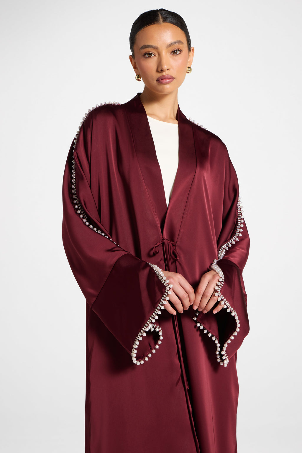 Burgundy Open Abaya with Shimmering Crystal Sleeves