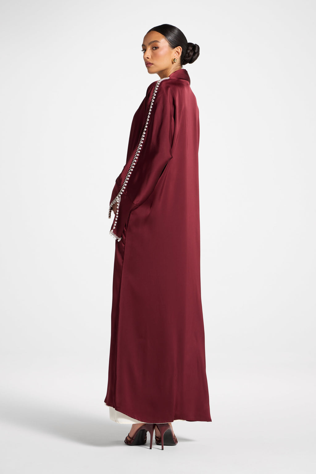 Burgundy Open Abaya with Shimmering Crystal Sleeves