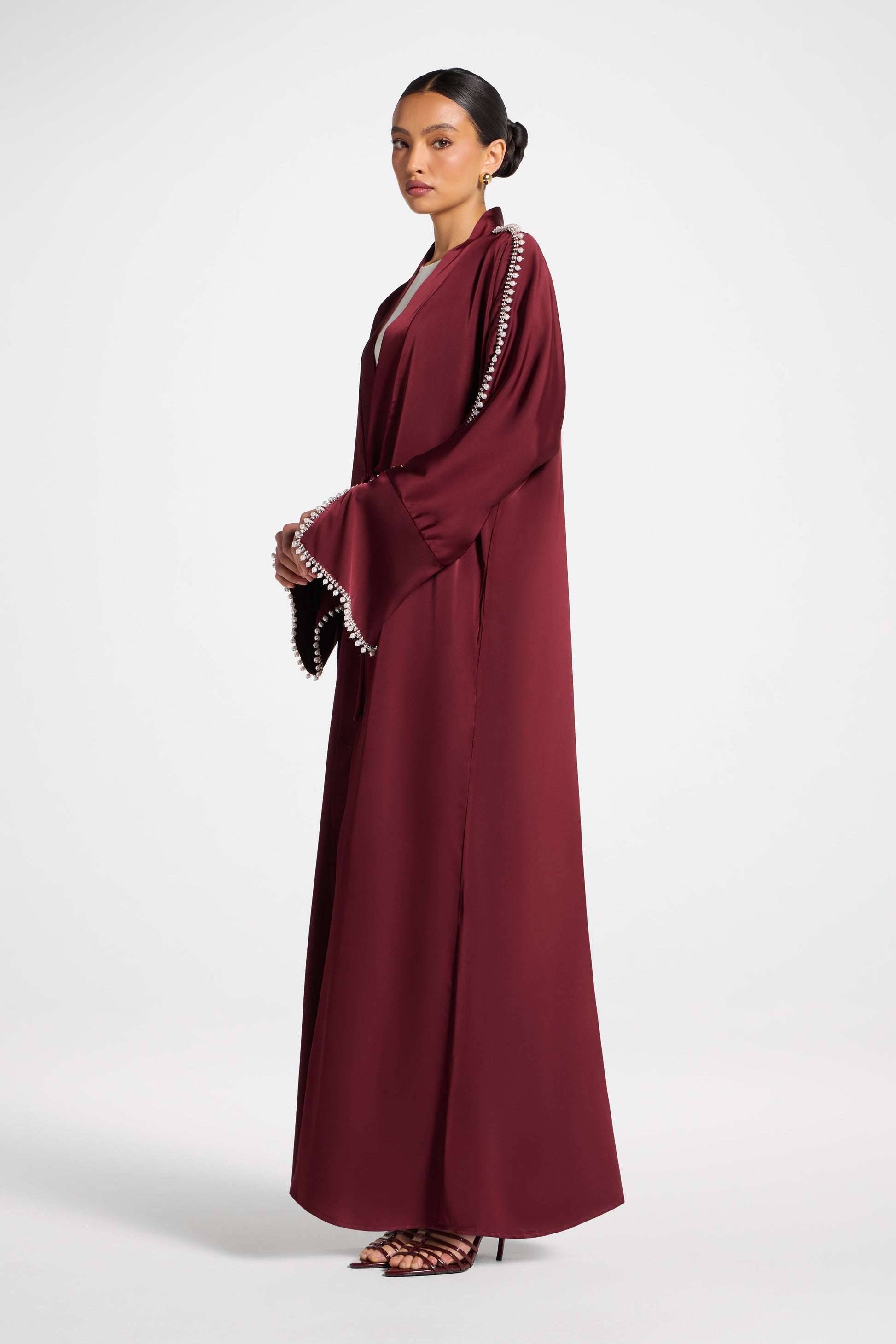 Burgundy Open Abaya with Shimmering Crystal Sleeves