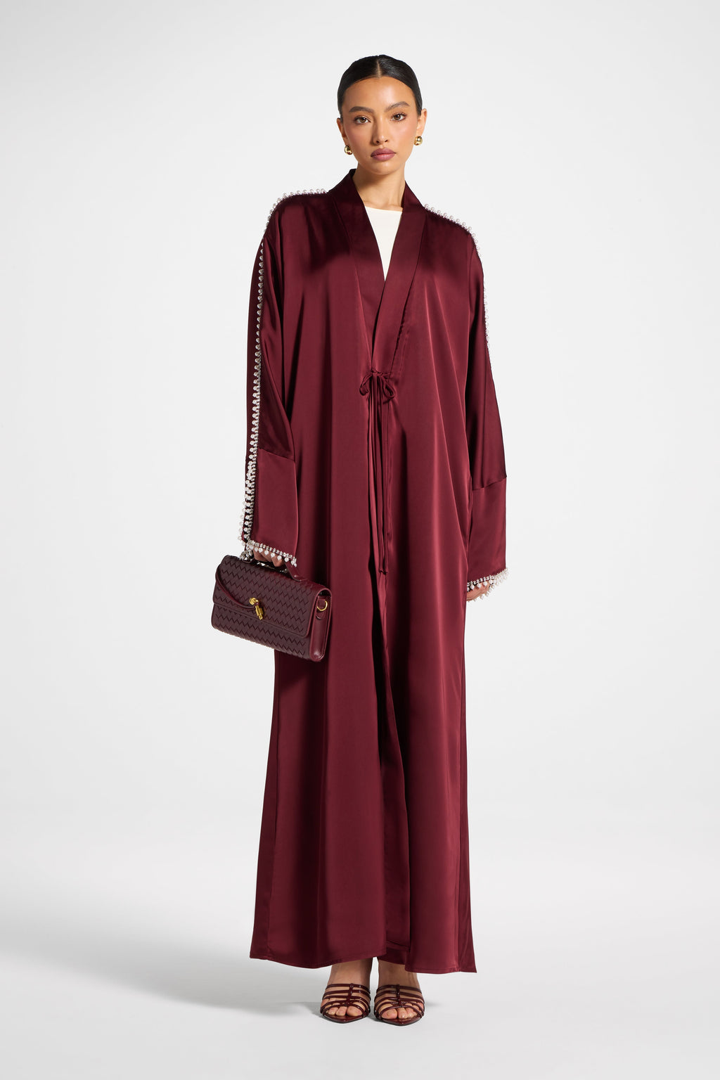 Burgundy Open Abaya with Shimmering Crystal Sleeves