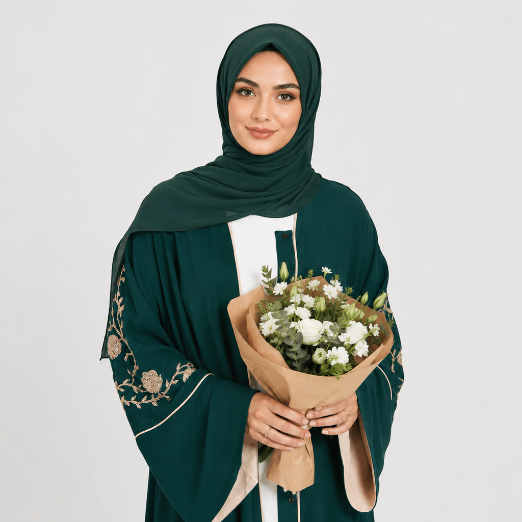 Woman in a green abaya holding a bouquet of flowers against a white background