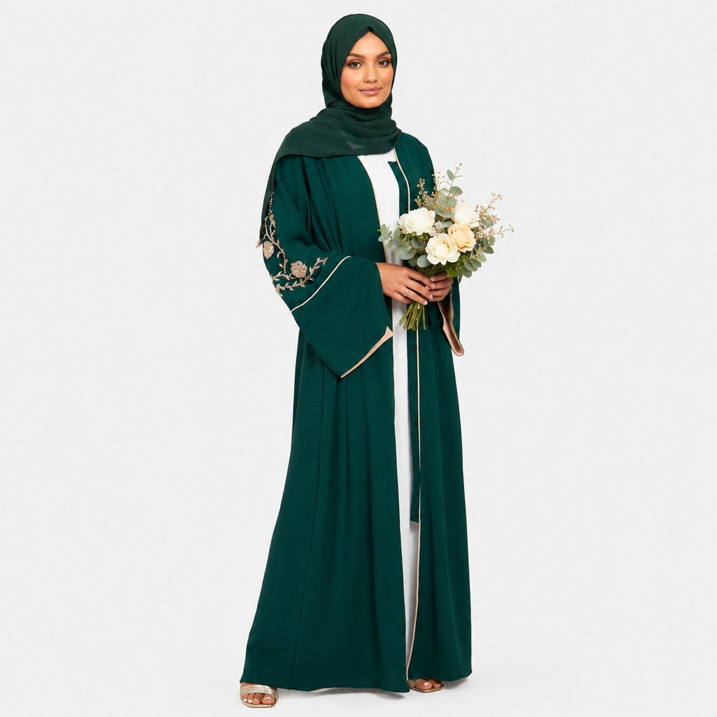 Emerald Green Open Abaya with Floral Detail and Contrast Cuffs