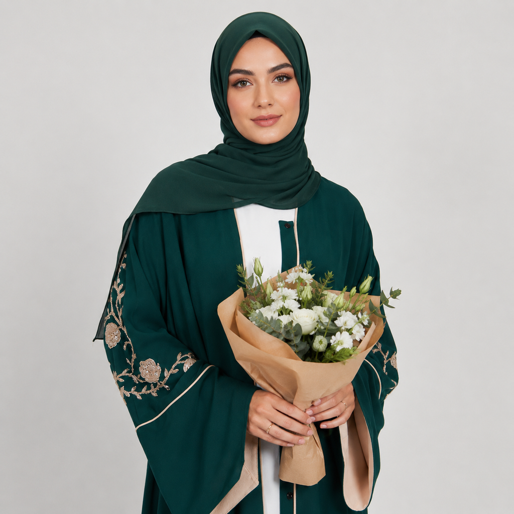Emerald Green Open Abaya with Floral Detail and Contrast Cuffs