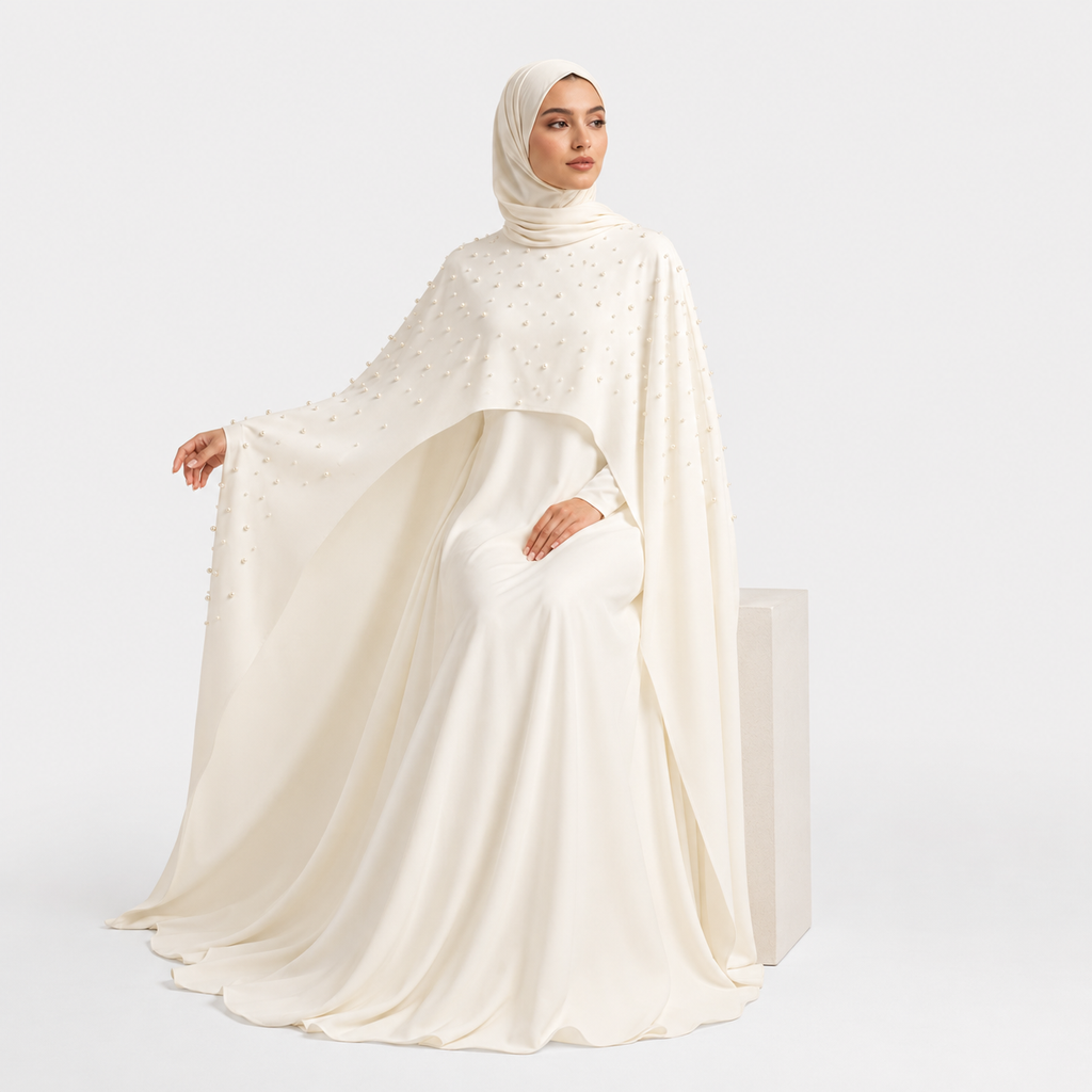 White Pearl Embellished Cape Maxi Dress
