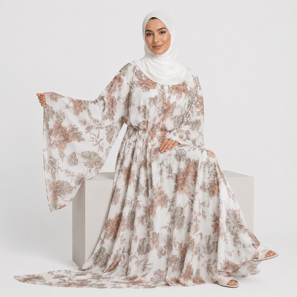 Woman wearing a floral abaya and hijab on a white background