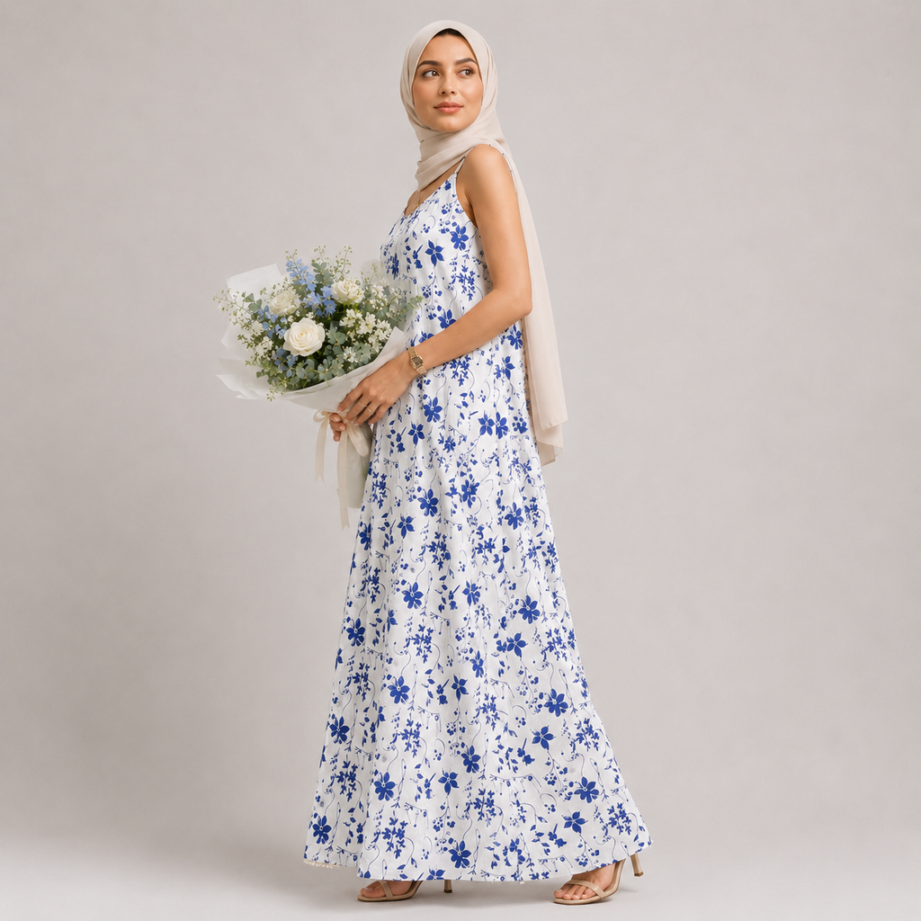 Woman in a floral dress holding flowers against a plain background