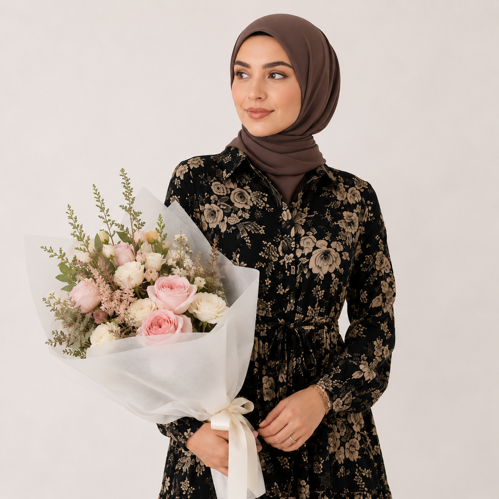 Woman holding a bouquet of flowers against a plain background