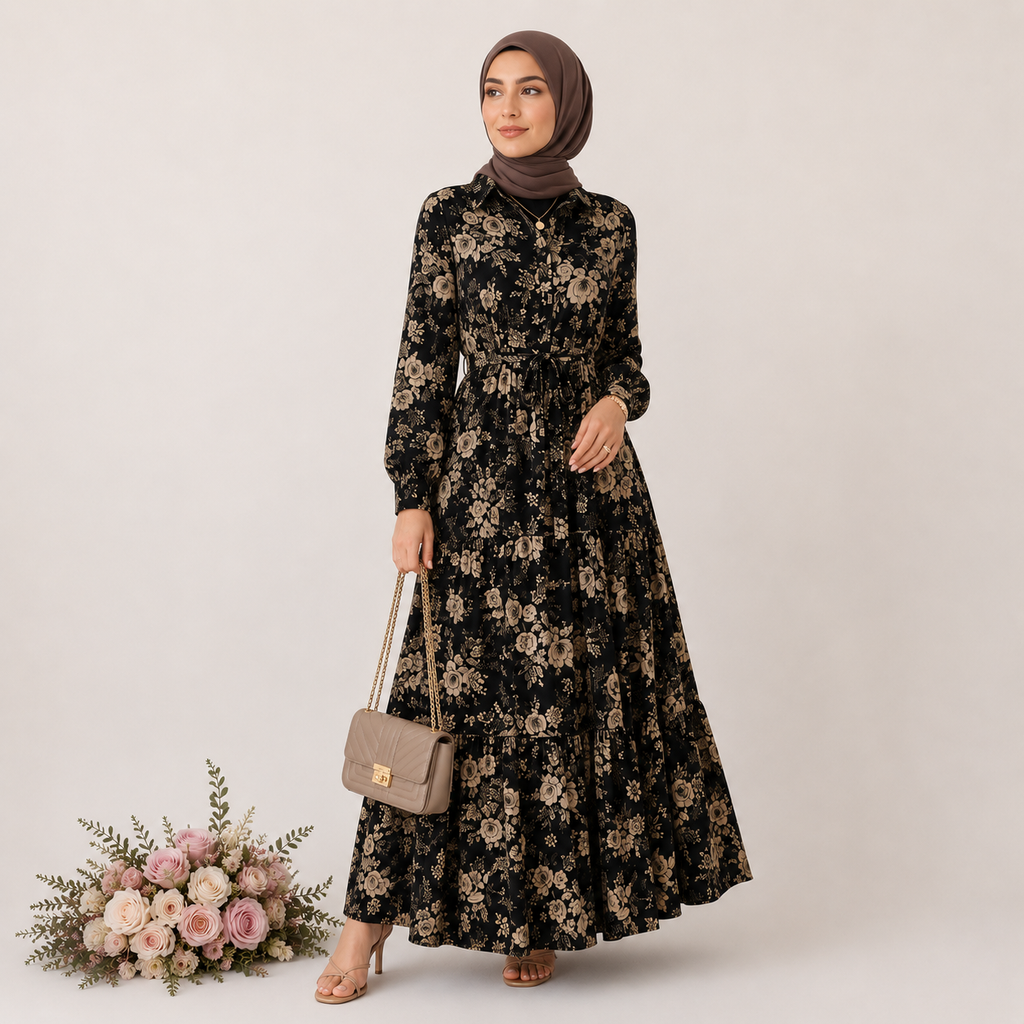 Woman in a floral dress with a hijab holding a handbag, standing next to a bouquet of flowers on a plain background