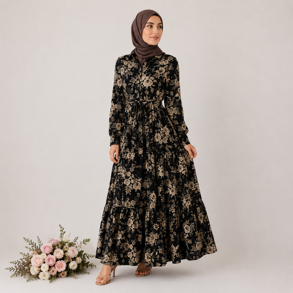 Woman wearing a black floral dress with a hijab, standing next to a bouquet of flowers on a white background
