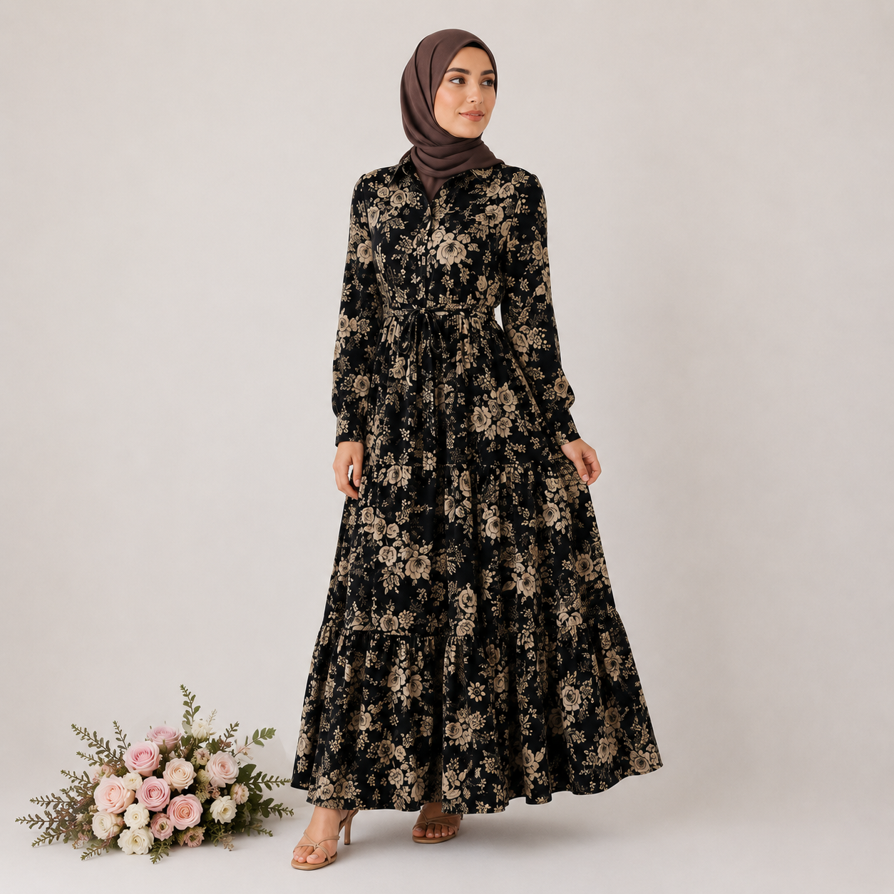 Woman wearing a black floral dress with a hijab, standing next to a bouquet of flowers on a white background