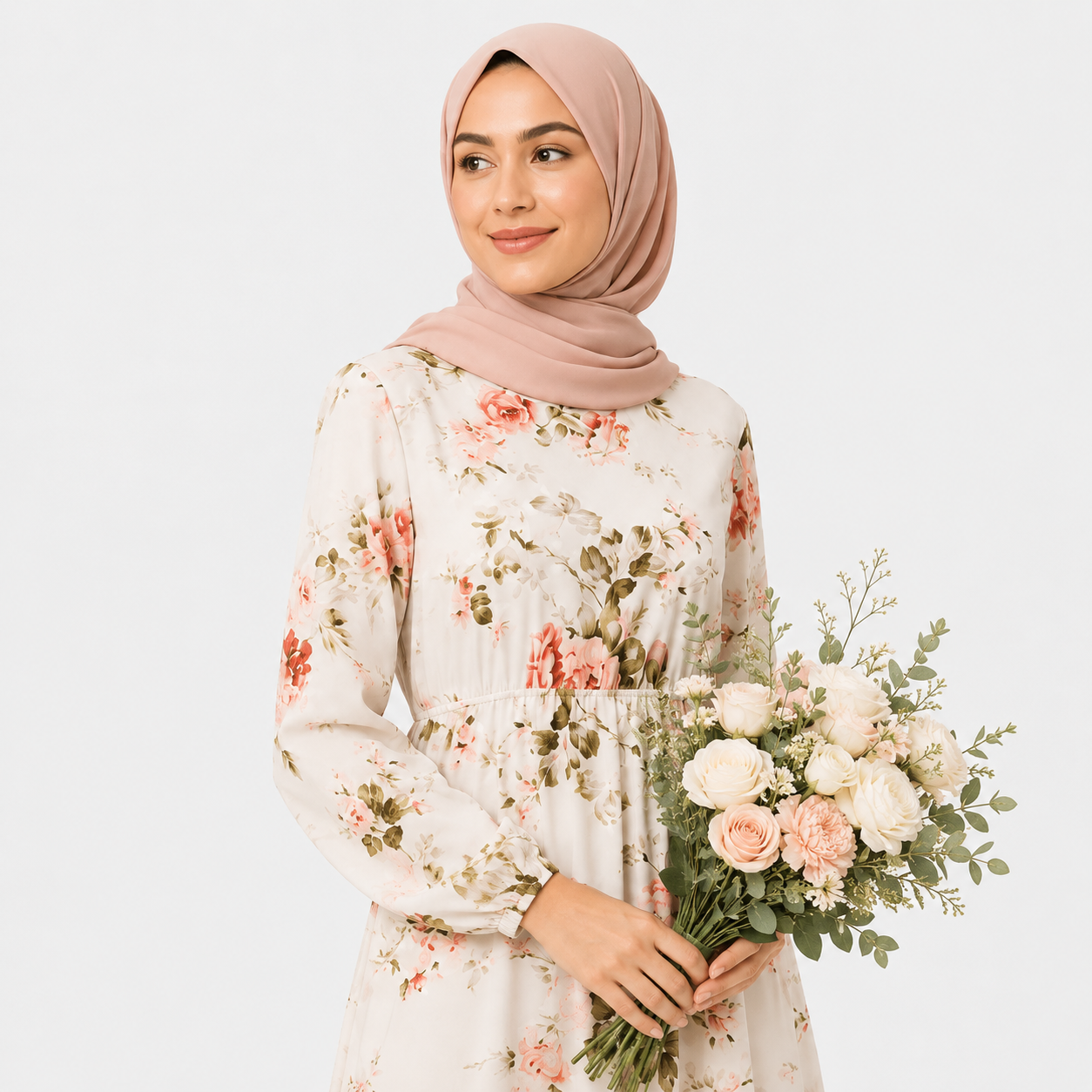 Woman in a floral dress holding a bouquet of flowers against a plain background