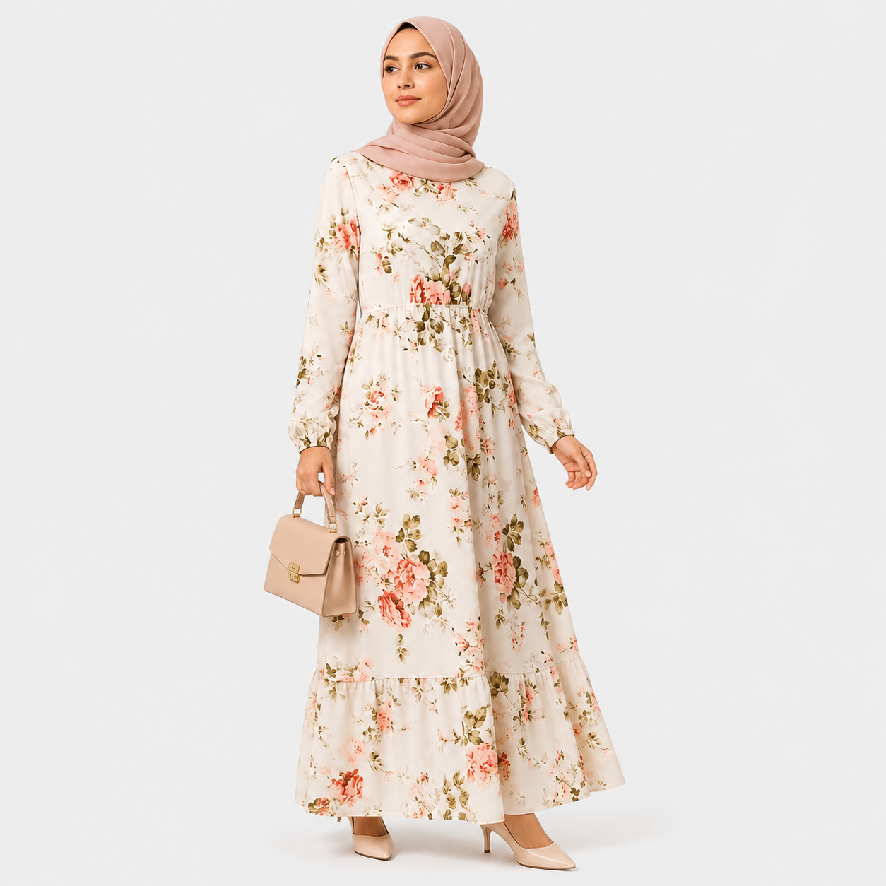 Woman wearing a floral dress with a plain background
