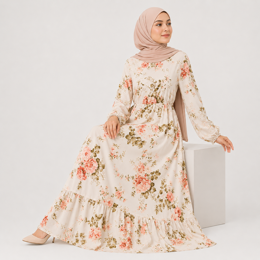 Woman wearing a floral dress and hijab on a white background