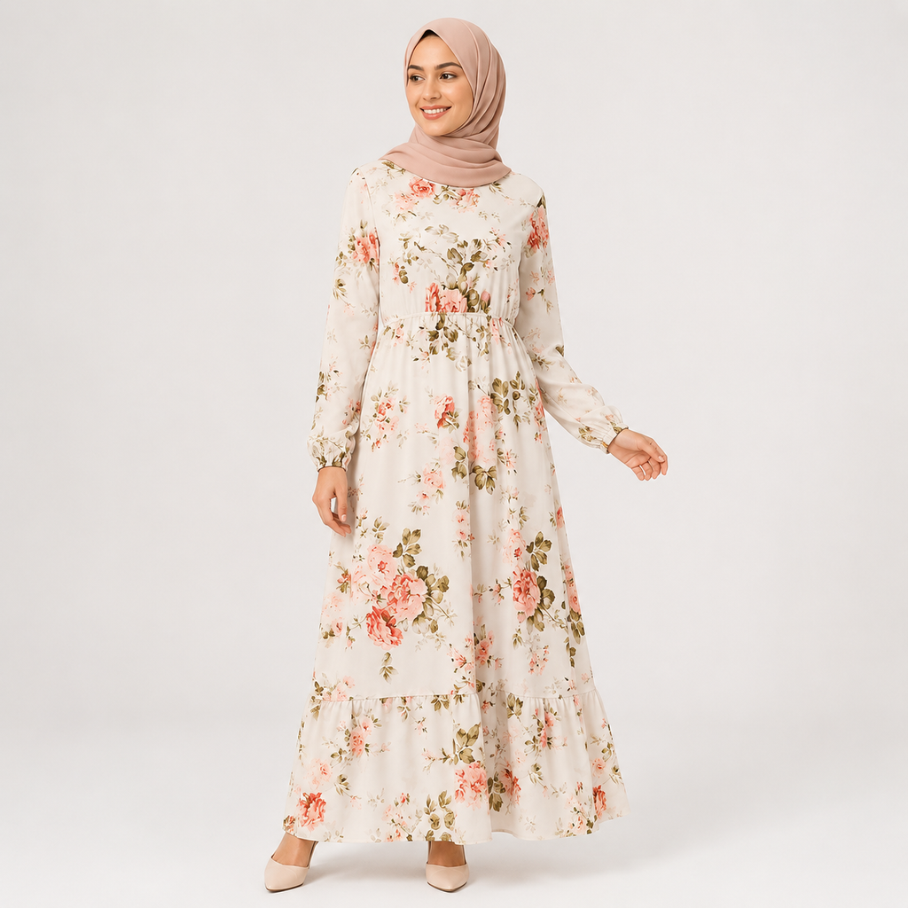Woman wearing a floral dress with a hijab on a white background