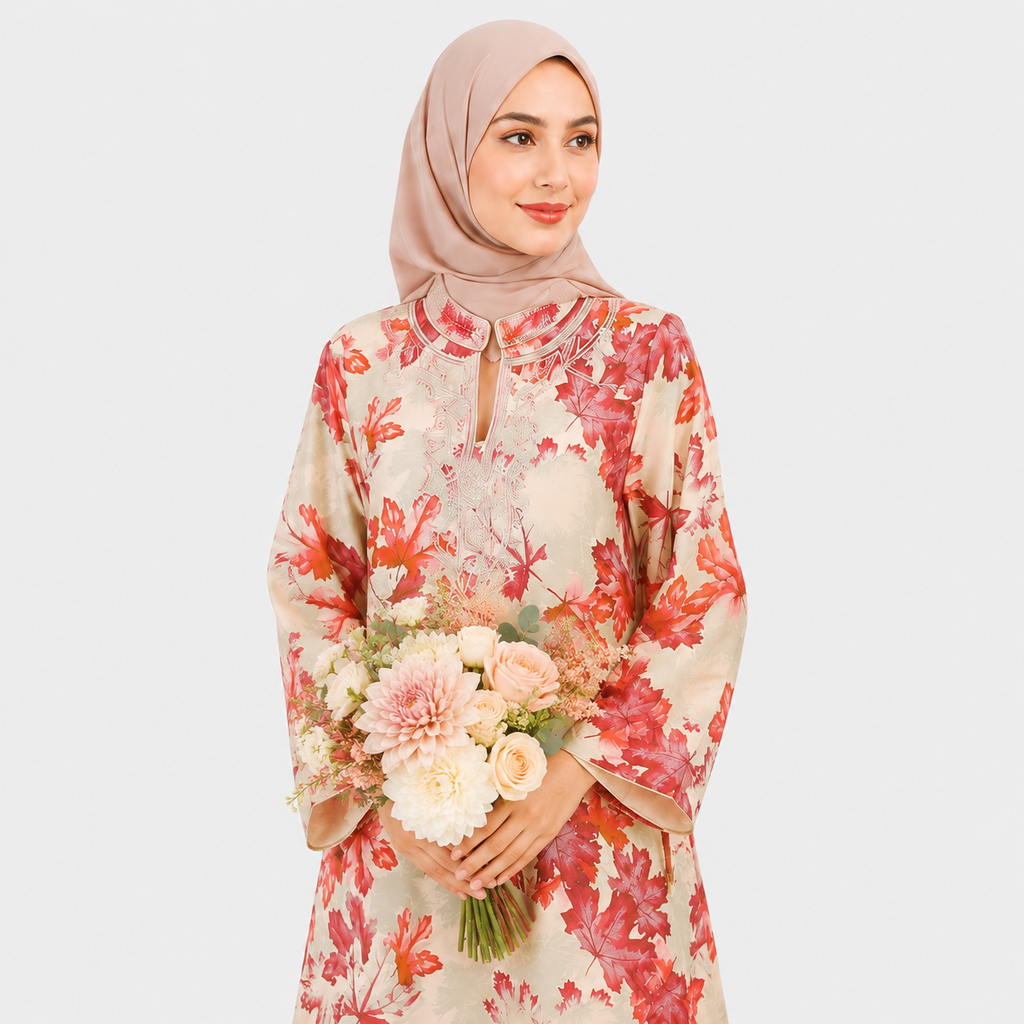Woman wearing a floral dress holding a bouquet of flowers on a light background