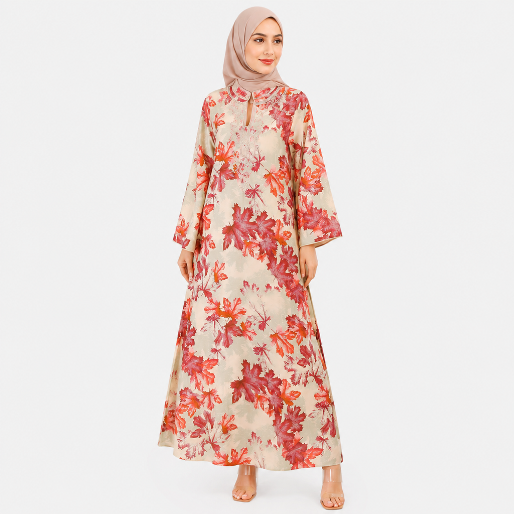 Woman wearing a floral dress with a hijab on a white background
