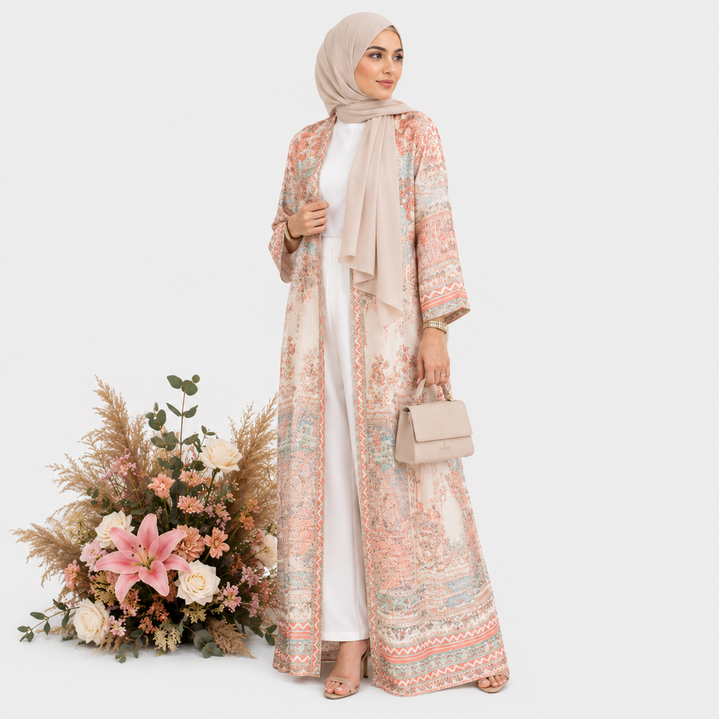 Woman wearing a floral abaya with a bouquet of flowers on a white background