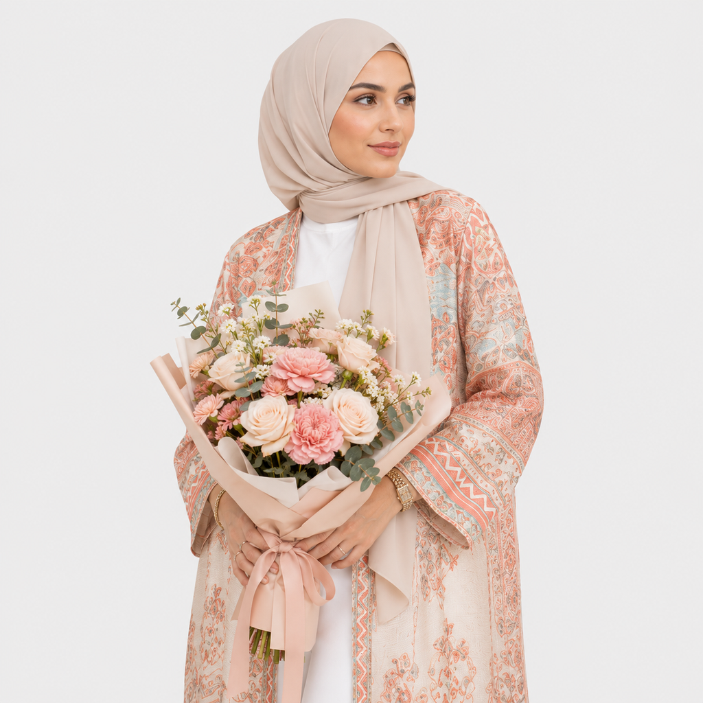 Woman holding a bouquet of flowers wearing a patterned shawl on a white background