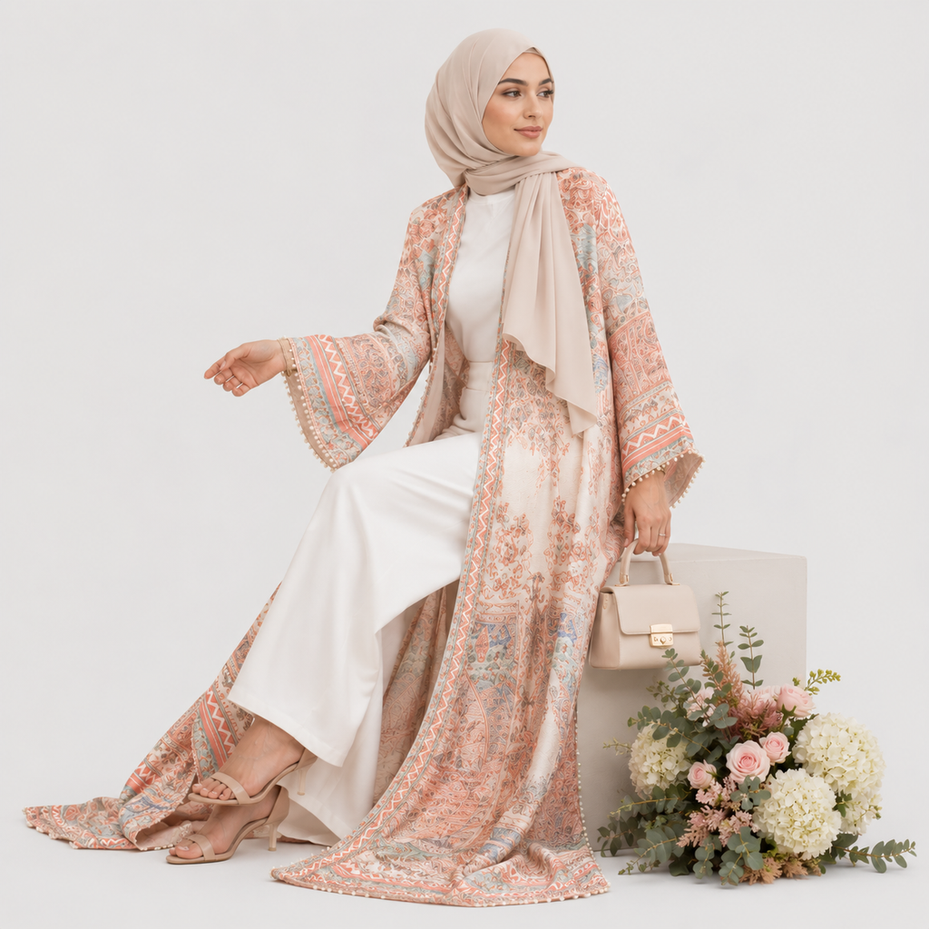 Woman in a floral outfit with a white background