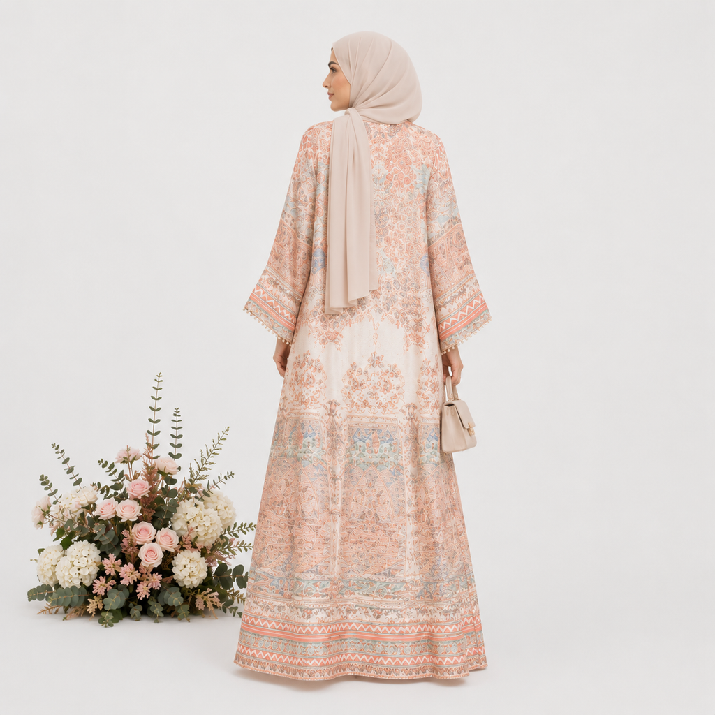 Woman wearing a floral dress with a beige hijab, standing next to a bouquet of flowers on a white background