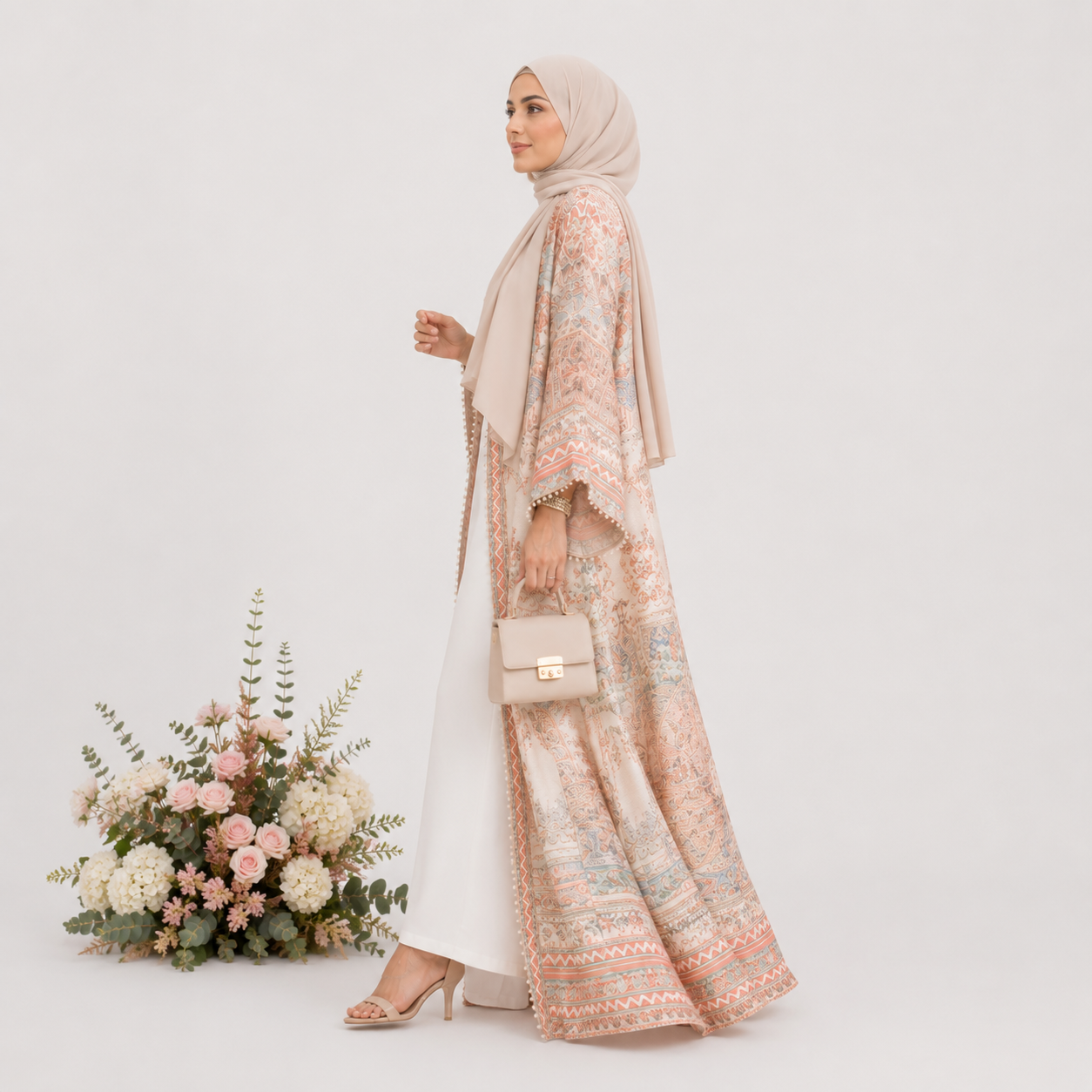 Woman in a floral dress with a matching hijab standing next to a floral arrangement on a white background